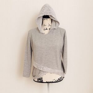 Side of Fries Gray Lace Trim Hoodie | Juniors L | Asymmetrical Hem Long Sleeve T
